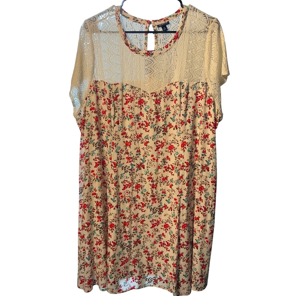 Torrid Floral Lace Yoke Mini Dress Cream Red Plus Size 3 3X Cottagecore Lined